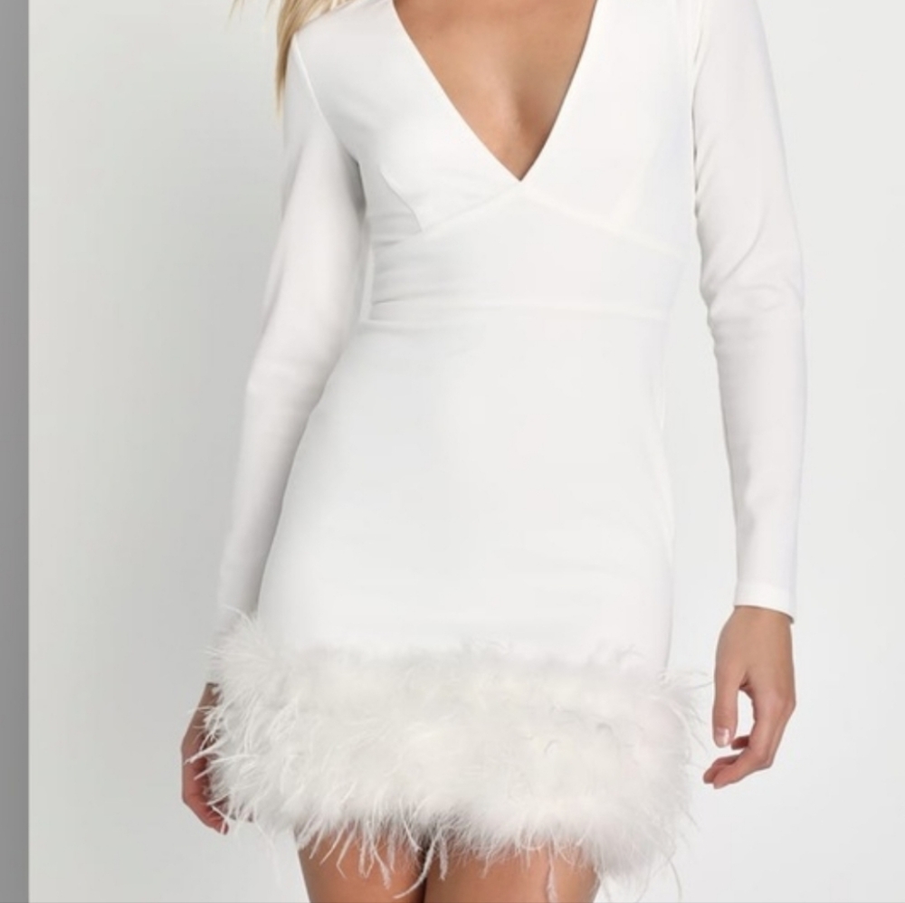Lulu's White Long Sleeve Dress with Feather Hem - Picture 2 of 4